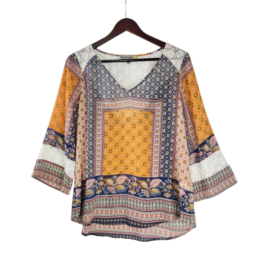 Figueroa & Flower Boho Patchwork Lace Trim Blouse Small V-Neck Flowy Festival